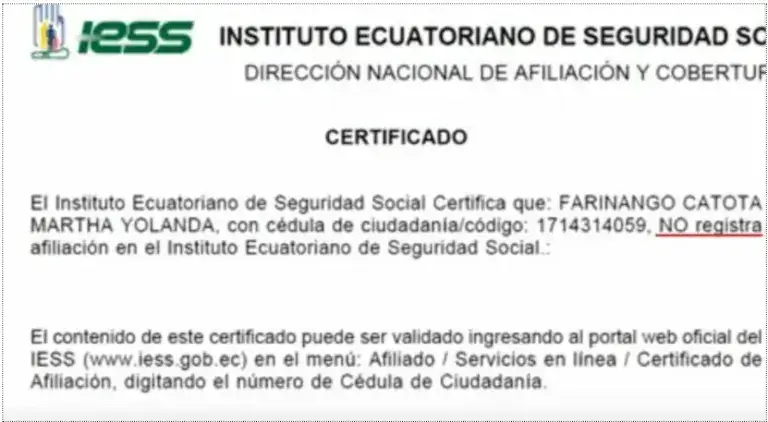 Certificado de No afiliación al IESS
