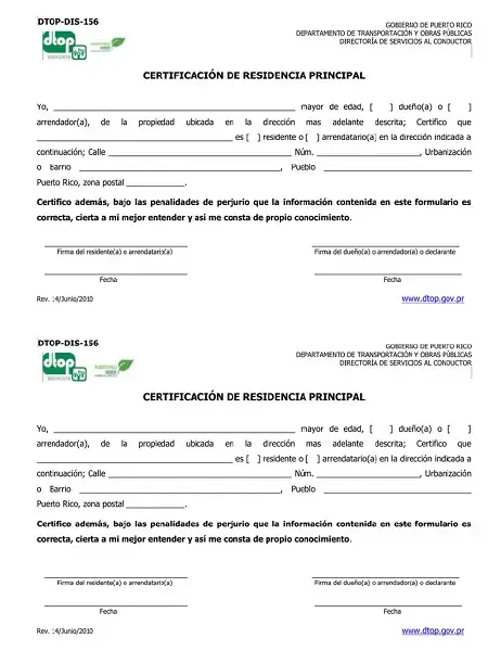 Formulario DTOP-DIS-156: Certificación Residencia Principal